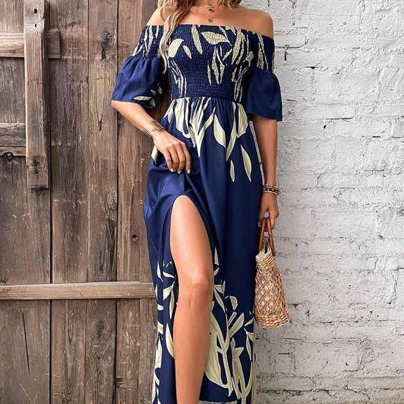 Blue boho Womens Plants Print Shirred Detail Off Shoulder Split Thigh Dress - Picture 4 of 5